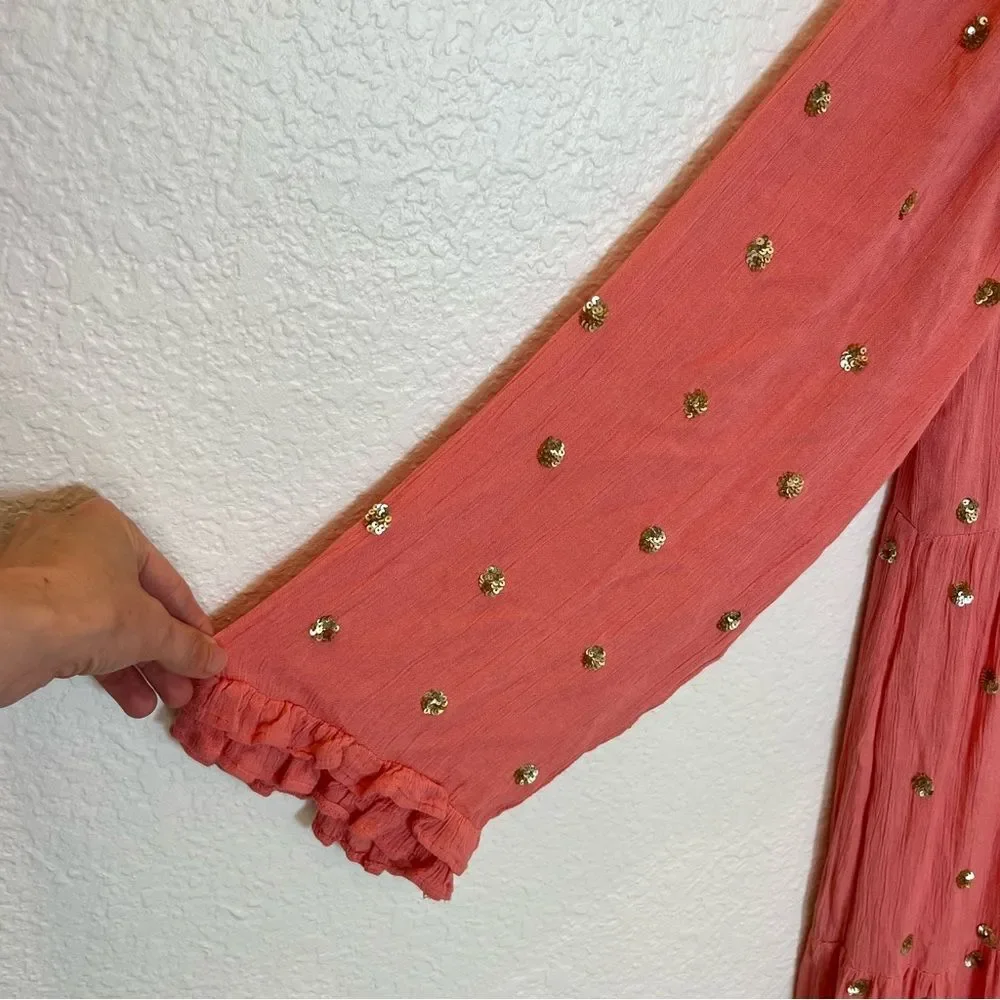 Sundress Neo Long Embellished Tiered Long Sleeve Maxi Dress in Coral size XS/S